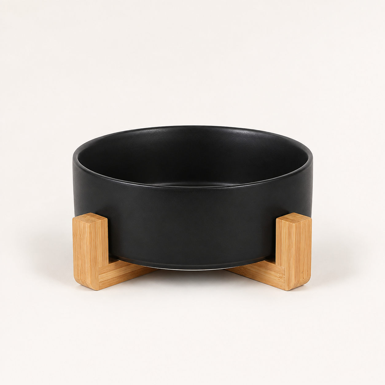 NOQIVA Low-Profile Ceramic Cat Bowl with Bamboo Stand