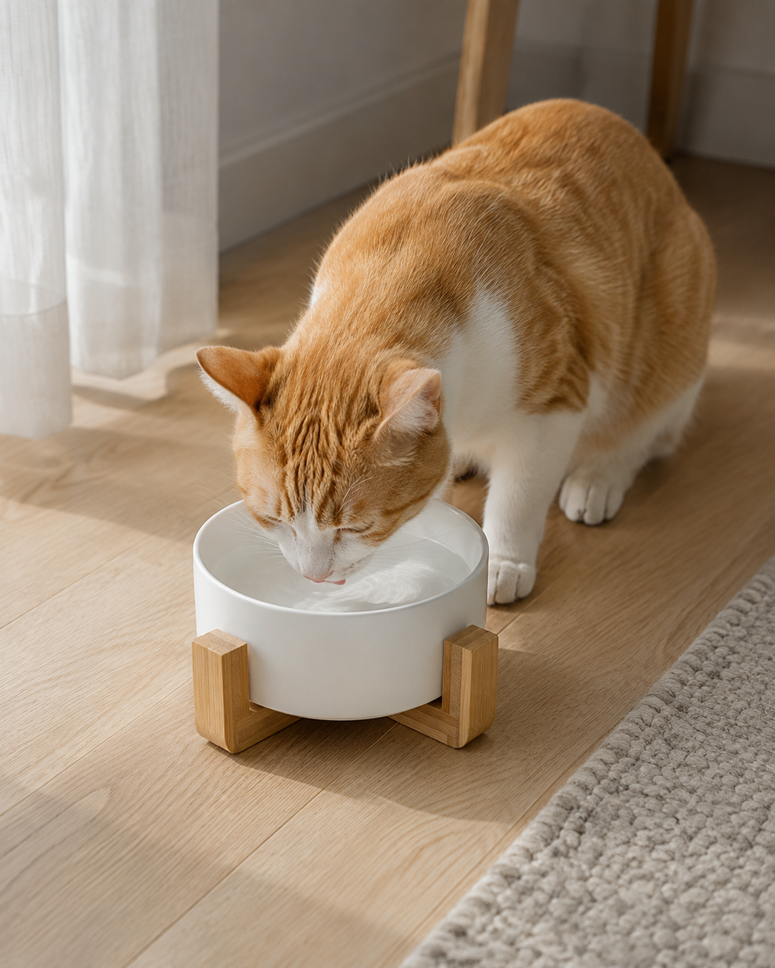 NOQIVA Low-Profile Ceramic Cat Bowl with Bamboo Stand