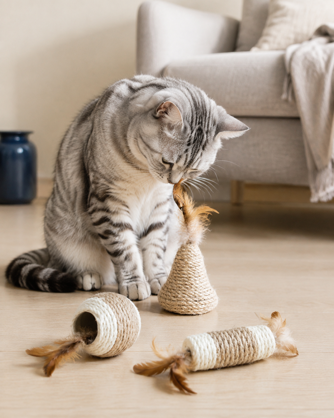 NOQIVA Gioco per Gatti in Sisal Naturale con Piuma
