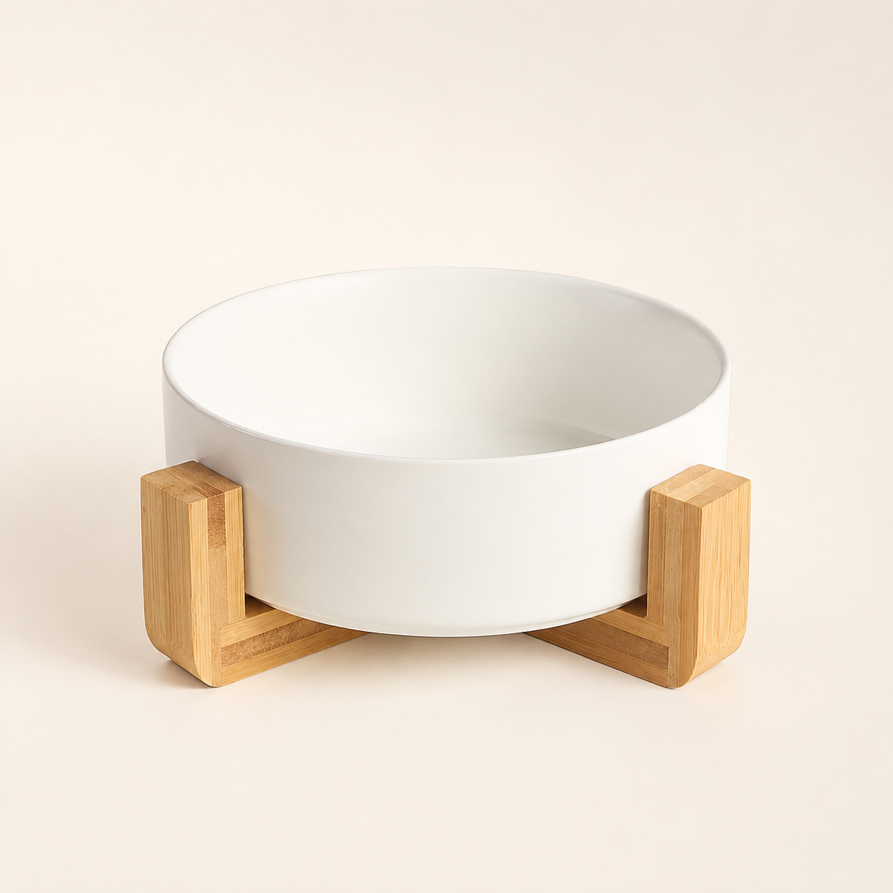 NOQIVA Low-Profile Ceramic Cat Bowl with Bamboo Stand